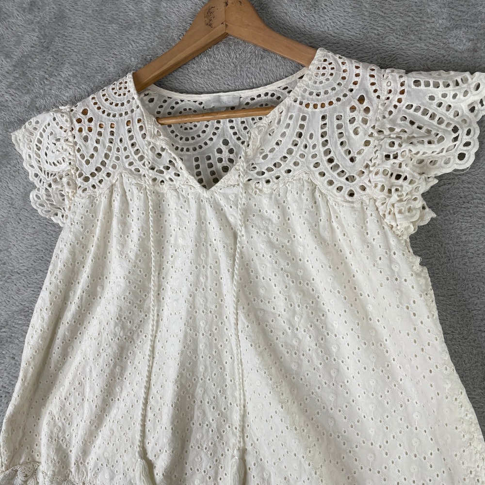 Jennifer Grace Eyelet Blouse Womens XL White Cotton Boho Flutter Sleeve Top - Picture 4 of 10